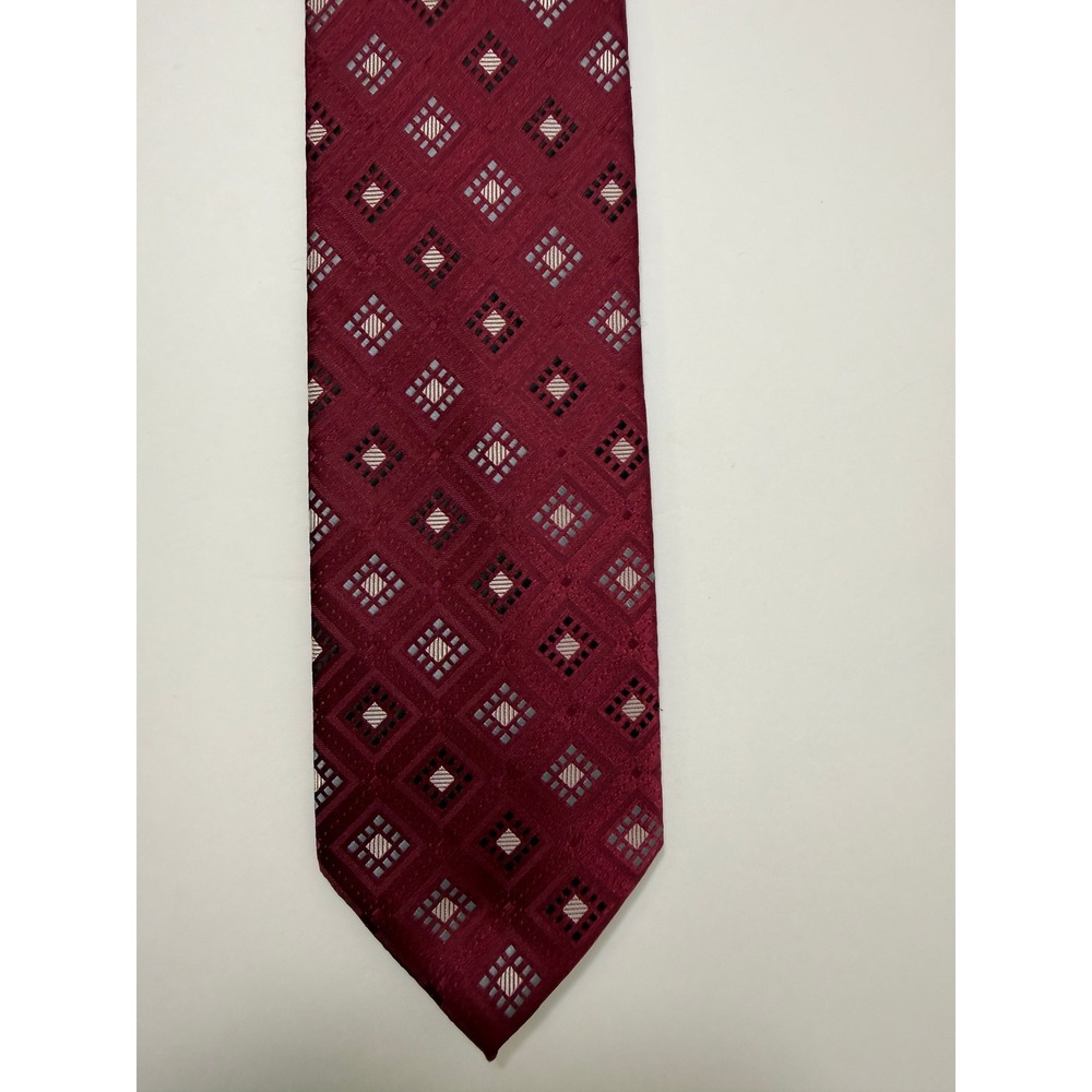 Stafford Essentials Burgundy Red Silver Geometric Tiled Necktie 3.5" Wide